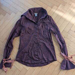 Forever 21 Burgundy Button-Up Shirt with Ribbon Ties Size S